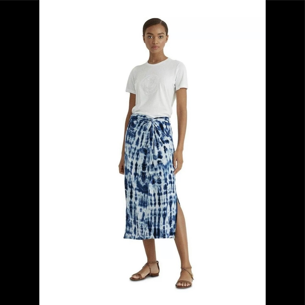 Lauren Ralph Lauren Women's Tie Dye Midi Skirt Zipper Blue Mu Straight Fit Large
